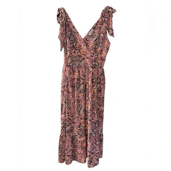 NWOT Molly Bracken Pink Palm Print Tie Sleeve Deep V-Neck Maxi Dress Size Small - Picture 14 of 14